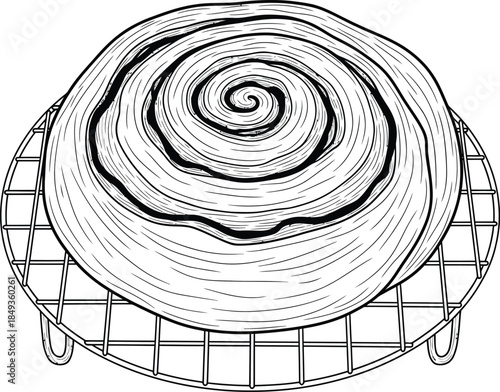 Handdrawn black and white illustration of a large spiral cinnamon bun resting on a wire cooling rack.