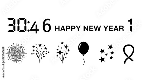 Festive New Year's Eve celebration vector elements countdown, fireworks, balloons, stars, and party icons