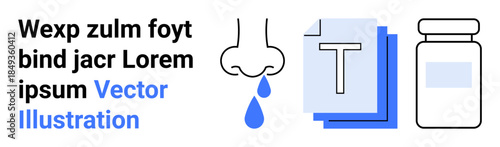 Health symptoms, cold remedies, medical treatment, informational design, healthcare concepts, pharmaceutical use. Nose dripping, text blocks and medication container. Health symptoms and cold