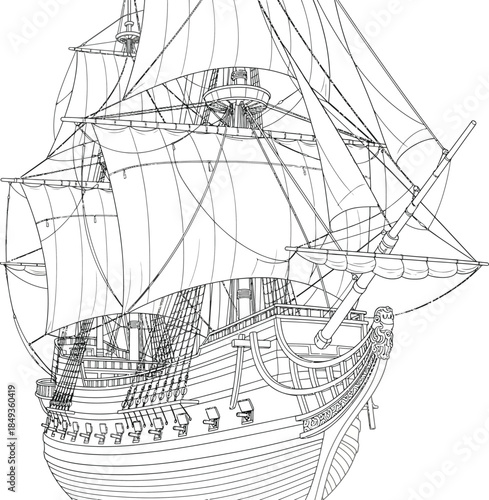 Intricate line art drawing of a historic wooden galleon sailing ship with detailed rigging and full sails.