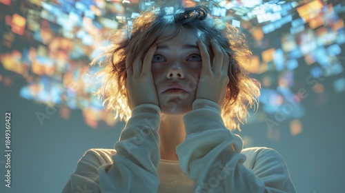 A girl overwhelmed by digital overload illustrating stress, information pressure and modern media consumption. Image supports mental health, digital balance and wellness campaigns