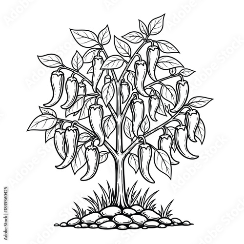 Intricate black and white line art of a flourishing chili pepper plant with abundant hanging pods.