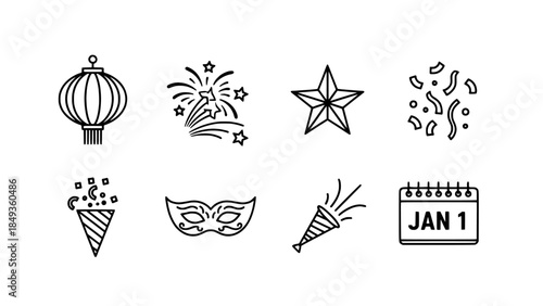 New Year's Eve Party Icons and Symbols for Festive Celebrations and Events