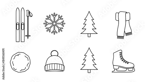 Minimalist outline icons representing various winter season elements and cold weather activities