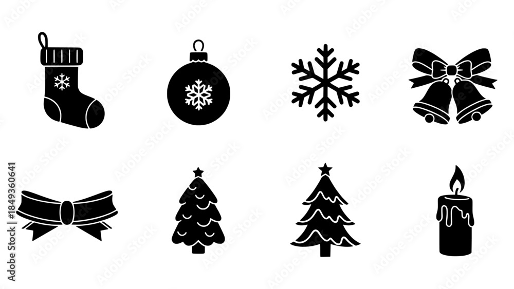 Fototapeta premium Set of various Christmas icons including stocking, bauble, snowflake, bells, bow, tree, and candle