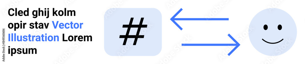 Fototapeta premium metadata tag box connected to smiling face with bi-directional blue arrows. Ideal for social media, communication, feedback, connection, interaction, marketing, digital tools, simple landing page