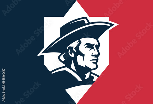 Bold Retro Superhero Profile Logo with Strong Features in Red and Blue Shield Design