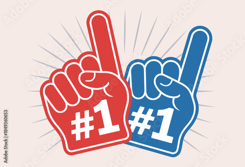 Excited Fans Cheering with '#1' Foam Fingers in Vibrant Red and Blue Colors for Sports Events