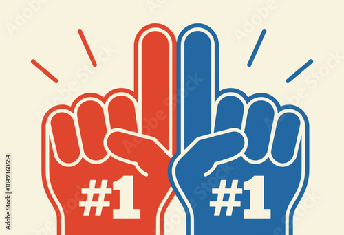 Excited Fans Cheering with '#1' Foam Fingers in Vibrant Red and Blue Colors for Sports Events