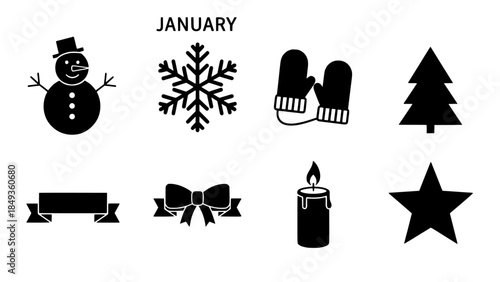 January Icons Snowman, Snowflake, Mittens, Christmas Tree, Candle, Bow, Star, Banner