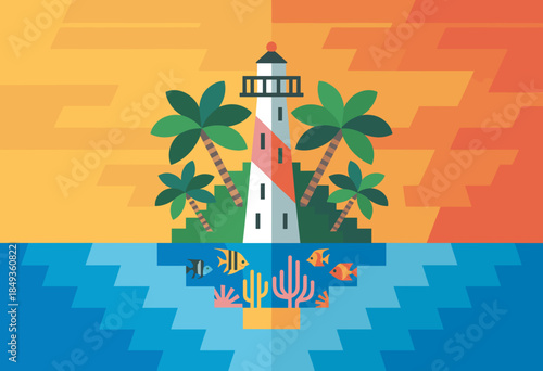 Vibrant Logo of Biscayne National Park Featuring Lighthouse and Tropical Waters in Bold Colors