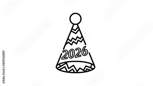 Monochrome outline illustration of a festive party hat featuring the prominent year 2026 ahead