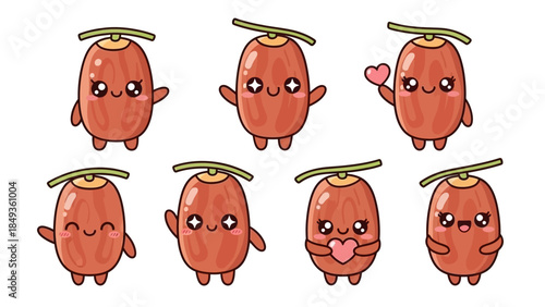 The cute date fruit characters are expressing various emotions through their facial expressions and body language in an illustration.
