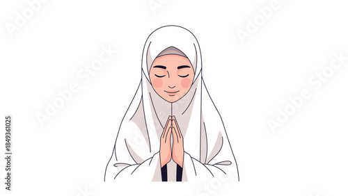Woman wearing a white hijab praying with her hands clasped together in a serene and peaceful illustration  (12)