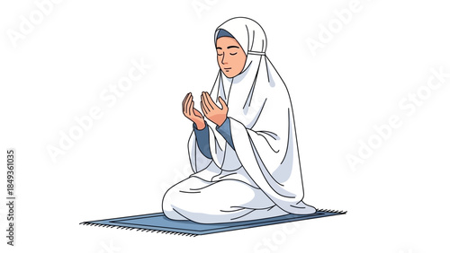 A woman wearing a white hijab and robe sits on a blue mat in prayer with hands raised  (13)