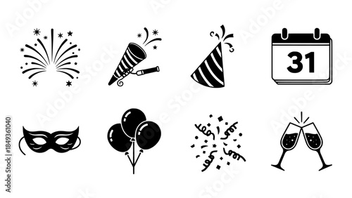 New Year's Eve Celebration Icons Party Favors, Festive Symbols, and Calendar Date