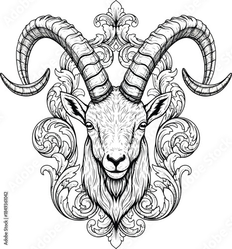 Ornate black and white goat head with large ridged horns surrounded by baroque filigree.