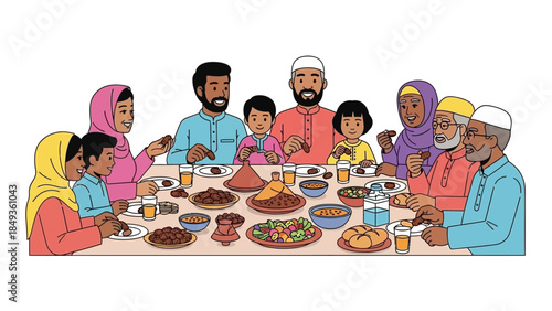 A diverse family gathers around a table filled with food and drinks to share a meal together  (14)