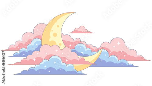 A whimsical illustration of a crescent moon shining through pastel-colored clouds with sparkles at dusk  (19)