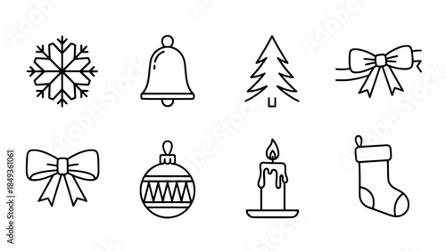 Set of Christmas icons snowflake, bell, Christmas tree, bow, bauble, candle, sock