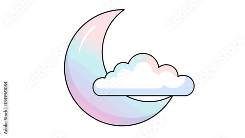 A pastel-colored crescent moon shines brightly behind a fluffy white cloud in a serene night sky with soft pink and blue hues  (18)