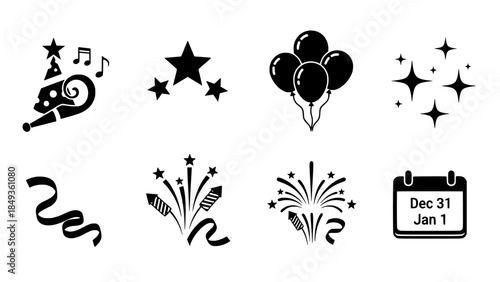 Festive New Year's Eve Celebration Icons Collection for Party and Holiday Design Elements