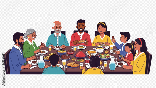 A diverse family gathers around a table for a meal together at 15
