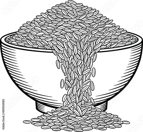 Overflowing bowl of rice grains in a detailed black and white vintage woodcut illustration style.