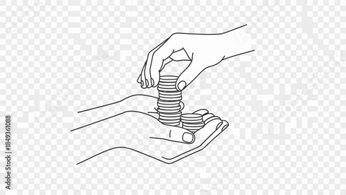 The action of stacking coins on a hand from another hand occurs in a business environment with people involved.