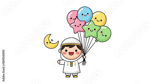 Happy child in a spacesuit holding colorful balloons and smiling at a crescent moon flying high  (22)