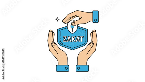 A hand giving a coin into a blue zakat charity shield held by another hand.
