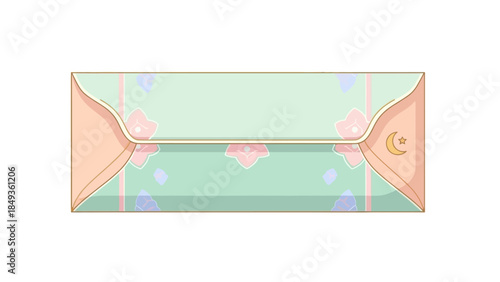 An illustration shows a pastel green envelope with pink and blue flowers, opened to reveal a crescent moon design on the inner flap, against a white background  (34)