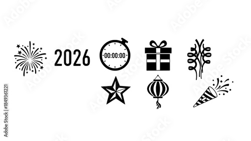 Festive celebration elements for New Year 2026 countdown timer, fireworks, and party icons