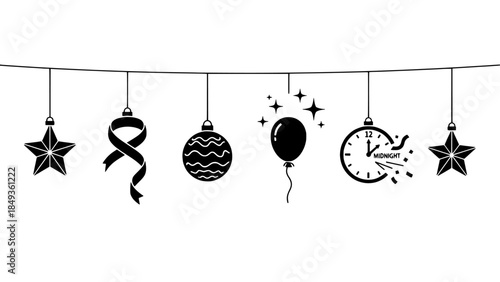 New Year's Eve Celebration Icons Hanging on a String, Including Clock, Balloons, and Ornaments
