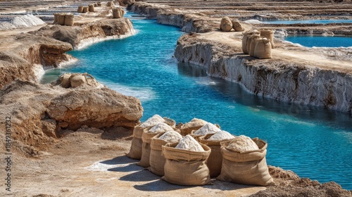 Aerial view of a salt pan operation, showcasing white salt mounds in burlap sacks alongside bright blue water channels