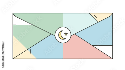 A geometric illustration of a colorful night scene with a crescent moon and star in a white circle surrounded by various shapes and colors  (35)