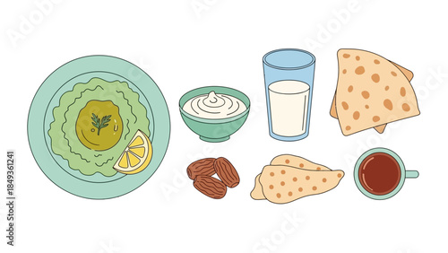An illustration of a plate of food with a lemon slice next to a bowl of yogurt and a glass of milk  (37)