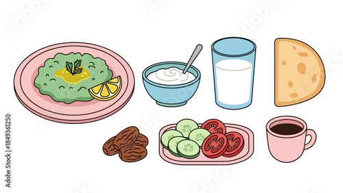 A wholesome meal is served with fresh vegetables, fruits, and dairy products on a clean white background,  (38)