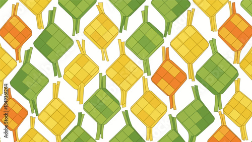 Vibrant illustration of assorted ketupat shapes in green, yellow, and orange hues on a white background  (40)