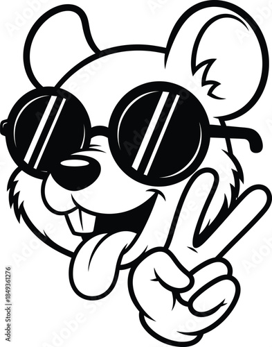 Playful cartoon rodent with round sunglasses tongue out and making a peace sign.