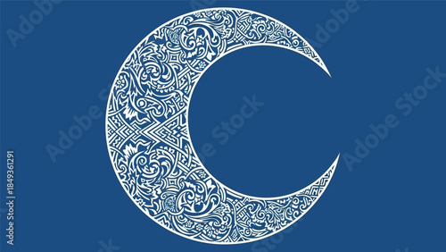 An intricate white crescent moon illustration with floral patterns on a blue background  (44)