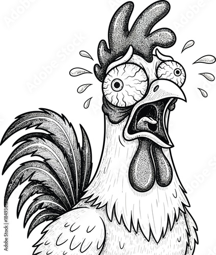 Panicked cartoon chicken screaming in terror a black and white illustration with bulging bloodshot eyes.