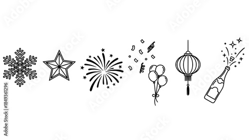 A collection of line art icons for celebration and winter themes