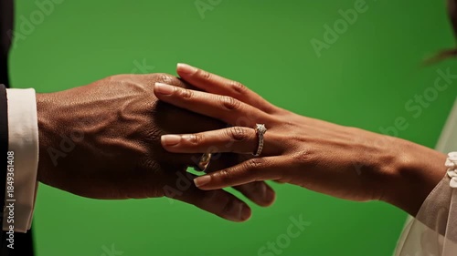 Engaged Couple's Diverse Hands with Diamond Ring, Symbolizing Love and Commitment on Green Screen