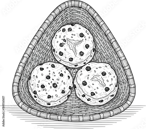 Three classic fruit scones with scored tops in a triangular woven basket detailed line art style.