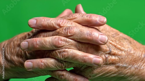 Close-up of Wrinkled Elderly Hands Clasped Together in Contemplation Against a Vivid Green Background