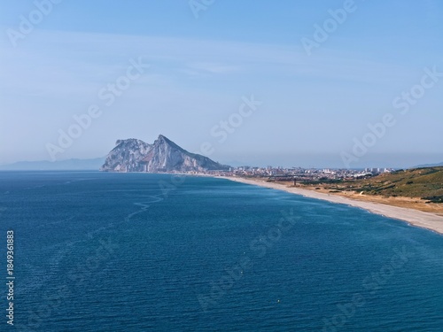 Aerial view along the Mediterranean Sea beach with views of the Rock of Gibraltar and La Línea de la Concepción, Playa de la Hacienda, Andalusia, Malaga, Spain