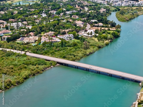 aerial view a bridge over the Río Guadiaro near Sotogrande at the Mediterranean Sea, Cadiz, Costa del Sol, Andalusia, Spain