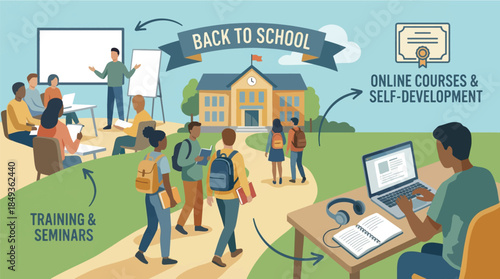 Back To School, seminar and online courses illustration concept
