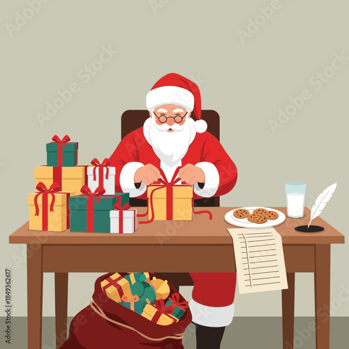 Santa Claus working at a festive desk surrounded by Christmas gifts and holiday treats